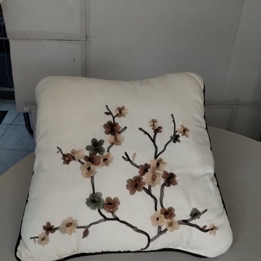 Beige Embroidered Floral Asian Inspired throw Accent Pillow 16" Square Neutral